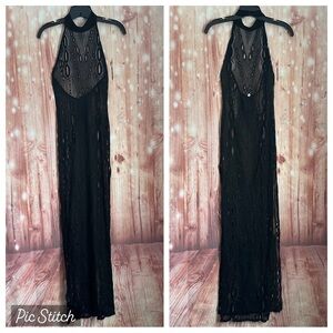 Auditions Black Open Back Crochet Lace Halter Neck Side Slit Lingerie Nightgown